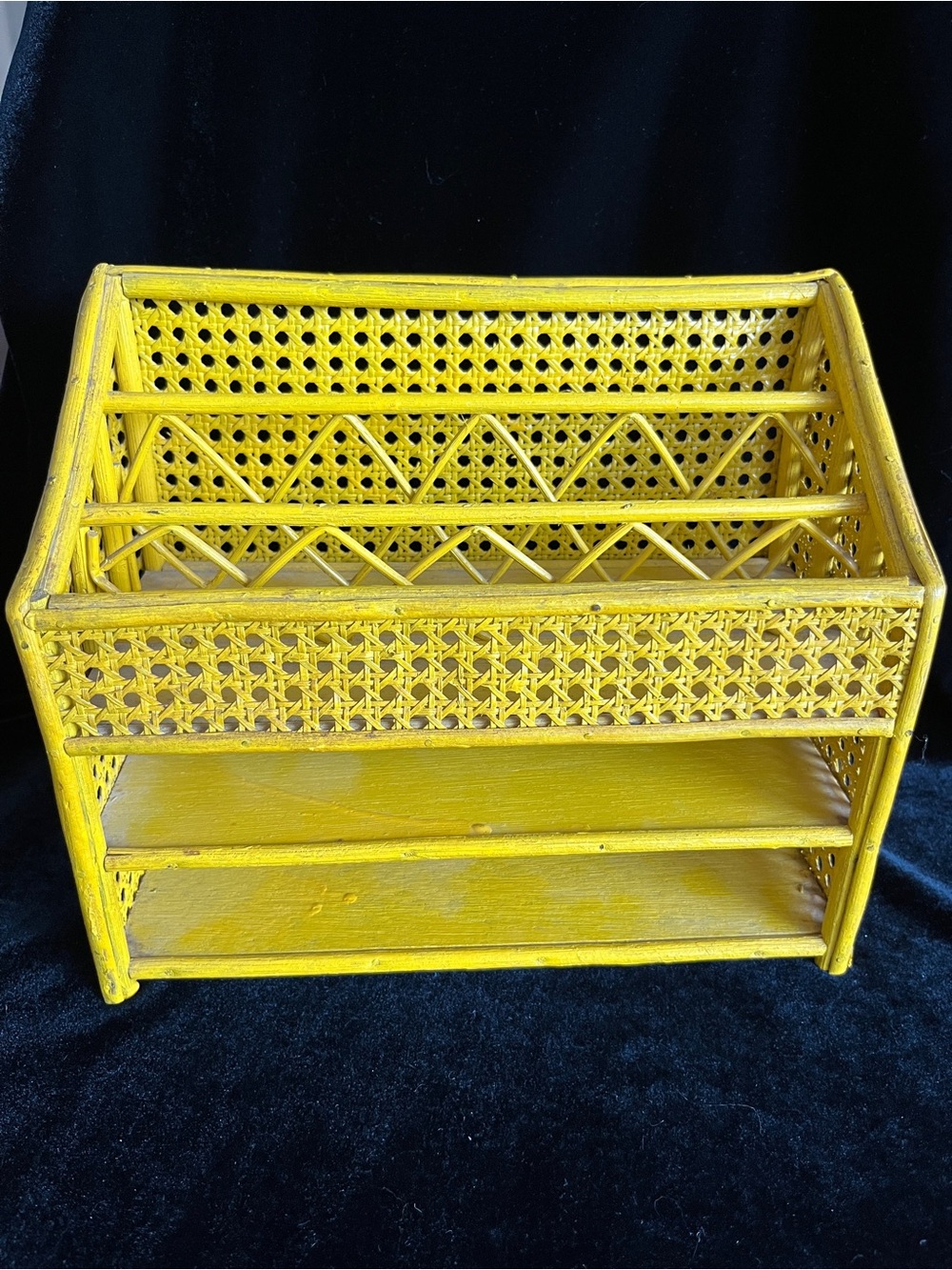 Vintage Yellow Bamboo Rattan Letter Holder Mail Organizer Storage Caddy Desk